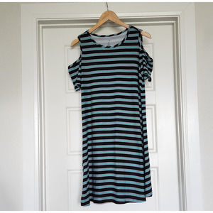 Just Be... Blue Striped Cold Shoulder Dress - Size Medium